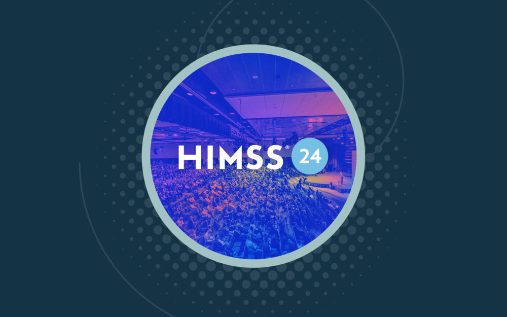 HIMSS 2024 logo with crowd and dark blue background